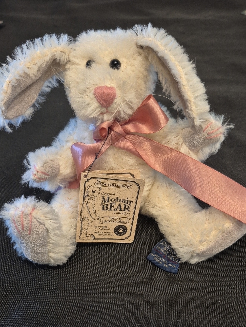 Vintage Boyds Bear Mohair Dolly Q Bunnycombe  Plush in Cream with Pink Bow